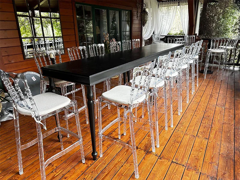 Siyah yüksek bar masası kiralama şeffaf bar sandalyesi